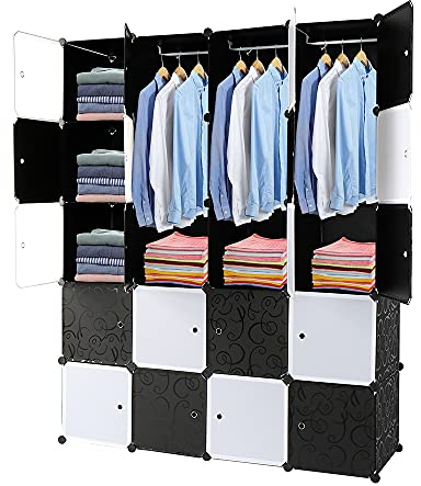 TactFire Kleiderschrank aus Kunststoff, 20 Würfel, Modulare Kleiderschränke für Platzsparendes, Kinderkleiderschrank, Garderobenschrank, 140 x 45 x 175 cm, Schwarze und weiße Tür