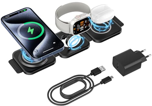 EVARY Mag-Safe ladegerät 3 in 1 Faltbar ladestation iWatch und iPhone Kompatibel mit iPhone 15 14 13 12 11 Pro Max Plus,Travel Charging Station Für Apple Watch & Air Pods mit Adapter