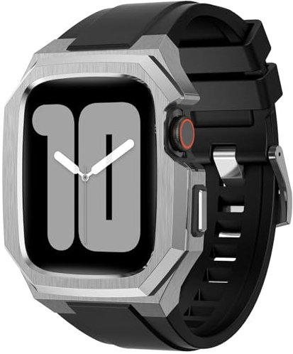 AdirMi Luxus Hülle und Armband Kompatibel mit Apple Watch 45mm Series 9/Series 8 7, Schützendes Robustes Edelstahl-Metallstoßgehäuse und TPU Riemen, Robustes Ersatzarmband,Silver