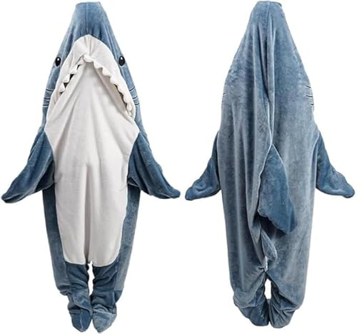 Padtic tragbare Hai-Decke, gemütlicher Flanell-Hai-Einteiler, Erwachsenen-Decke, Kapuzeneinteiler, bequemer Hai-Schlafsack, tragbar für Cosplay (Größe 175-190 cm)