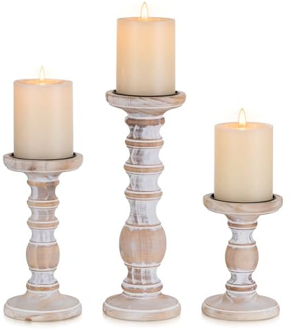 Inweder Wooden Pillar Candle Holders: 3Pcs White Rustic Candle Holder Table Centrepiece Distressed Wood Farmhouse Tea Light Candle Holders for Home Decor Christmas Candleholers Stand for Fireplace