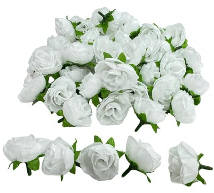 Rikyo Mini Fake Rose Flower Heads,Artificial Flowers Rose Bud Bulk,40mm Silk Rose Picks for Outdoors,Soft Throwing Silk Flower for Vase Filling Wedding Cake Bridal Shower Home Fall Decor (100, White)
