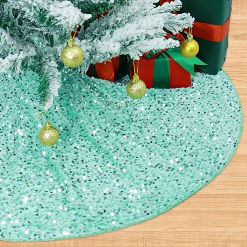 FCSJOST Base per albero di Natale, verde chiaro, 122 cm, grande, con paillettes ricamate, base rotonda in velluto per albero di Natale, decorazione rustica per albero di Natale, decorazione per la