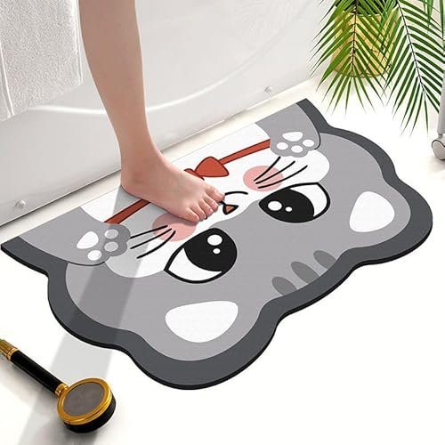 Badezimmerteppich 40X60Cm Graue Katze Badteppich rutschfest Waschbar,Duschvorleger Schnelltrocknend,Stein Badematte,Diatomite Stone Bath Mat,Super Absorbierende Badvorleger