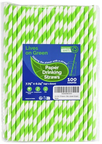 Lives on Green Lot de 100 pailles jetables, en papier, 19,7 x 0,6 cm, rayures vertes et blanches, biologiques et compostables