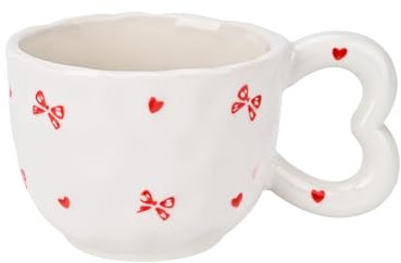 Koythin Ceramic Coffee Mug, Cute Creative Heart Handle Mug Design for Office and Home, Dishwasher and Microwave Safe, 10.5 oz/300 ml for Tea Milk Latte (Pink Bow)