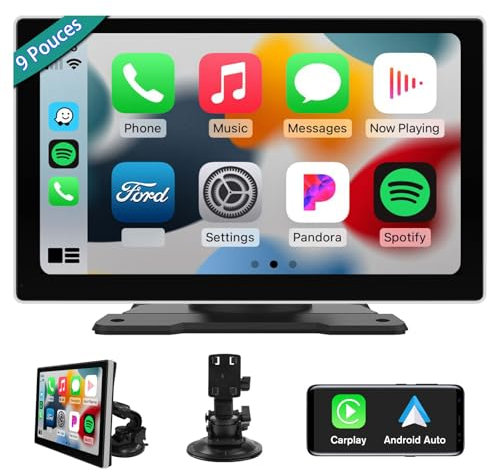 AWESAFE Carplay 9 Pouces IPS Écran,Carplay sans Fil Android Auto,Airplay,PhoneLink,Écran de Voiture Portable Tactile Full HD Bluetooth-Argent