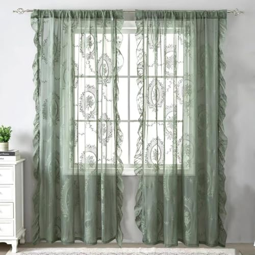 Vintage Landhaus Vorhang Spitze Durchsichtig Barock Rose Spitzengardinen | Dunkel Grün Gardinen Schlafzimmer Wohnzimmer Transparent Prinzessin Dekoschal Dekovorhang 2 Stück 140x160