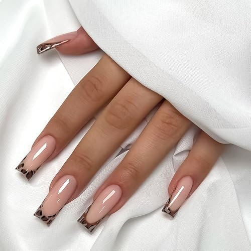 24PCS Leopard Print French Tip Press on Nails with Glue – Long Square Acrylic False Nails Set for Women – Easy Application, Stylish & Durable