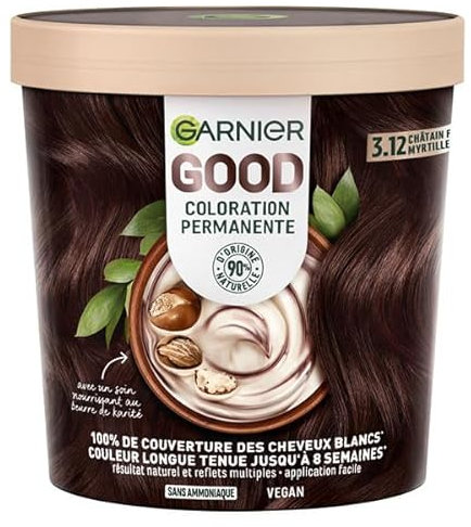 Garnier - Coloration Permanente - Sans Ammoniaque - 90% d'Ingrédients d'Origine Naturelle et Formule Vegan - Beurre de Karité - 100% Couverture Cheveux Blancs - Châtain Foncé Myrtille (3.12) - Good
