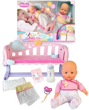 Nenuco – Schlaf mit Mir, 3-in-1-Kinderbett mit 35 cm großer Puppe und weichem Körper, inklusive Schnuller, Flasche, Decke und Stern mit Licht und Geräuschen, ab 2 Jahren, Famosa (NFND1000)