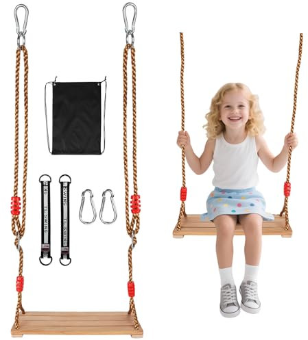 WUSUPU Columpio de Madera,Columpios Infantiles,Columpio Trapecio,JardíN Exterior NiñOs Antideslizante Columpios Infantiles Exterior,Altura Ajustable para Interiores e Exteriores,hasta 100kg