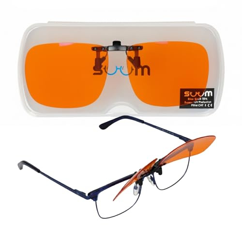 SUUM Clip-On Blaufilter mit Hochklappbarer Klammer für Korrekturbrillen – Orange Gläser gegen Bildschirmmüdigkeit und für besseres Lesen – Blaulichtfilter Clip für Gaming und Arbeit mit Dualsicht