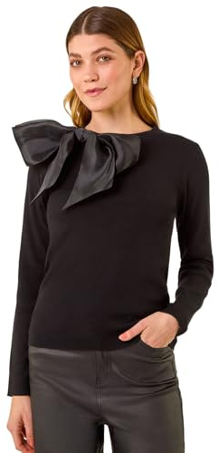 Roman Originals Bow Tie Knit Jumper for Women UK - Ladies Everyday Autumn Winter Round Neckline Comfy Soft Evening Vacation Work Party Night Out - Black - Size SM
