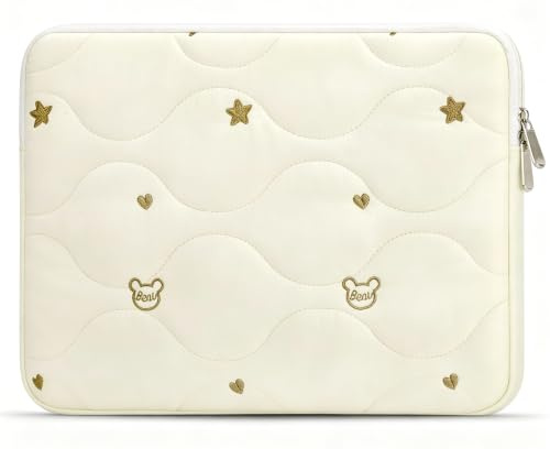 Songbala 13 14 Inch Laptop Sleeve Case, Water-Repellent Cover with Bear Head Embroidery, Shockproof Padded Bag Compatible with MacBook Air & Pro 13/14 Inch, Beige
