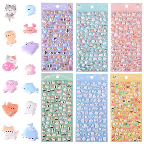 Sibba 3D Mini Puffy Sticker, 6 Blatt Kawaii Tiere Aufkleber mit Süße Cartoon Katzen Kaninchen Pinguine, Lustige Lebensmittel Aufkleber für Handyhüllen Tagebuch Laptop Wasserflasche DIY