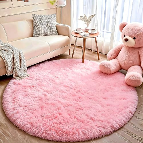 Homcomodar Hochflor Teppich Rund 160 cm Rosa Wohnzimmer Schlafzimme Teppich Flauschig rutschfest Teppiche kinderzimmer Flauschig Teppiche