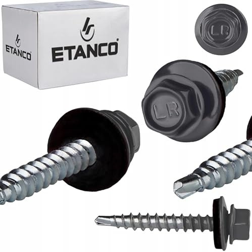 ETANCO GT02 Trapezblechschrauben 4,8 x 60 mm, RAL 7024 Graphitgrau, 100 Stück, selbstbohrend mit EPDM-Dichtung, verzinkter Stahl, Sechskant, für Metallblech auf Holz