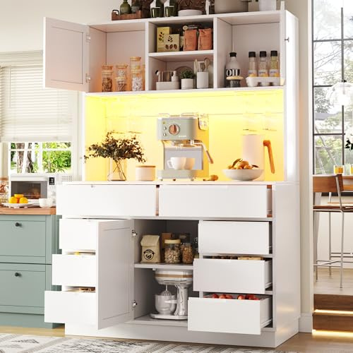 Armario alto moderno, armario de cocina con iluminación LED inteligente, armarios altos para el salón, 8 cajones, cierre magnético, estantes regulables en altura, 120 × 40 × 183,5 cm, negro (Blanco)