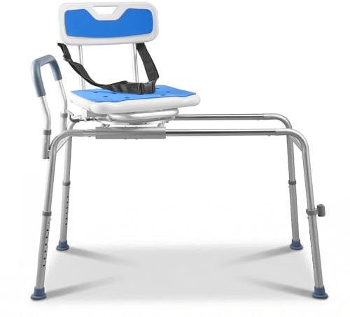 VEVOR Silla de Ducha con Asiento Giratorio, Asiento de Bañera Deslizante Carga de 180 kg, Banco de Transferencia de Bañera con Brazos y Respaldo, Ajuste de Altura 15 Niveles, para Personas Mayores