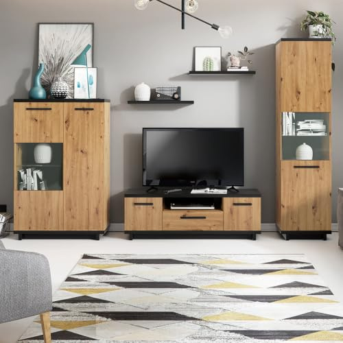 Wohnwand in Eiche & Schwarz mit Highboard & Vitrine, 5-teilig - modern