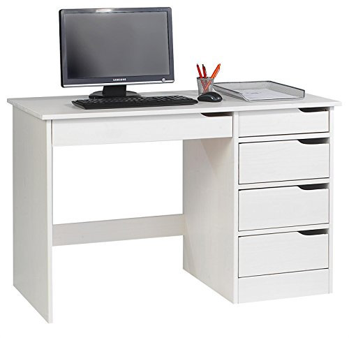 IDIMEX Bureau avec Rangement Hugo Grand Bureau avec 5 tiroirs, au Design scandinave et épuré, en pin Massif lasuré Blanc