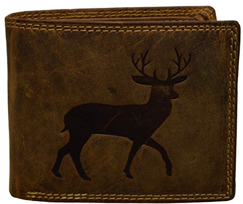 flevado Jäger Geldbeutel mit RFID Schutz Leder Geldbörse Portemonnaie mit Hirsch Druck Querformat mit RFID Schutz