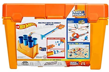 Hot Wheels GCF91 - Track Builder Fässer-Stunt Box und Starter, Spielzeug Autorennbahn ab 6 Jahren