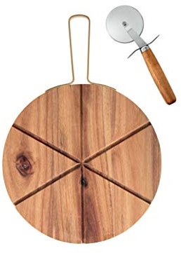 BRANDANI Set Tagliere Acacia con Manico Oro Metal E TAGLIAPIZZA