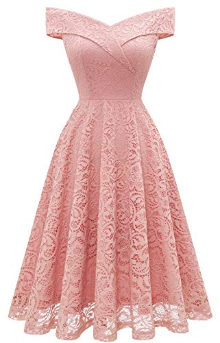Homrain Damen Elegant Spitzenkleid Brautjungfernkleider Festlich Party Knielang Cocktailkleid Schulterfrei Rockabilly Retro Kleid Abendkleider -1Blush S