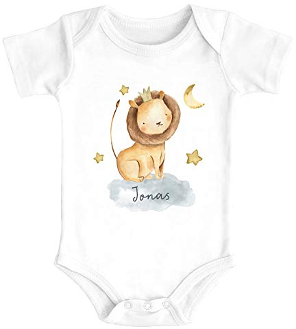 SpecialMe® Baby Body mit Namen Bedrucken Lassen Tier-Motive Nashorn Löwe Elefant Watercolor Kurzarm Bio Baumwolle Löwe weiß 3-6 Monate