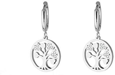 Tree of Life Dangle Earring for Women, Hypoallergenic Silver and Rose Gold Stainless Steel Hoop Earrings with Crystal Jewelry Gift for Mom, Friends