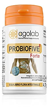 Integratore Probiotico e Prebiotico ad Alto Assorbimento | 20 capsule con Inulina e 5 enzimi digestivi | PROBIOFIVE è prodotto in Italia da AGOLAB