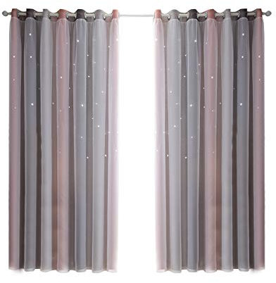 Jianyana Vorhänge für Mädchen, Stern-Vorhänge, Verdunkelungsvorhänge, Gardinen für Schlafzimmer, Wohnzimmer, bunt, doppellagig, Sternausschnitt, Streifen, Fenstervorhänge, 1 Panel (53 B x 84 L, grau)