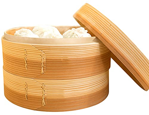 LTLWSH Dampfgarer Holz, 2 Etagen Holzdämpfer mit Deckel, Holz Dampfkorb Dämpfaufsatz für Reis, Dim Sum, Gemüse, Fleisch,27cm