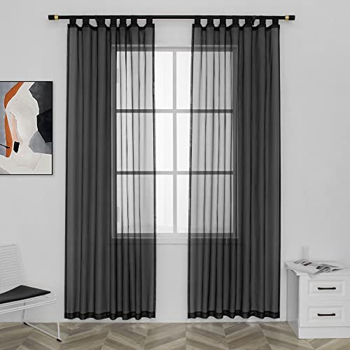 Black Sheer Curtains for Bedroom 96 Inches Long Light Filters Tab Top Sheer Curtains for Living Room，Pergola,Porch,Cabana Gazebo Indoor/Outdoor Voile Sheer Drapes,52 X 96 Inch