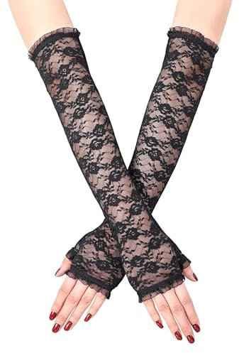 Women's Long Lace Gloves Fingerless, Vintage Elegant Elastic Floral Lace Black Gloves For Halloween Wedding Party