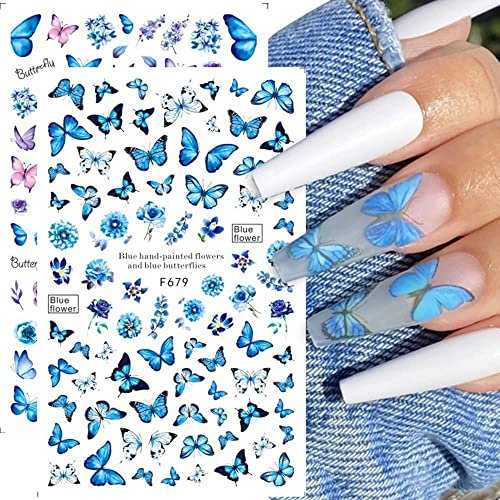 Blue Butterfly Nail Art Stickers Decals JMEOWIO Self Adhesive Nail Stickers 6 Sheets Spring Butterfly Design Manicure Tips Nail Decoration for Women Girls