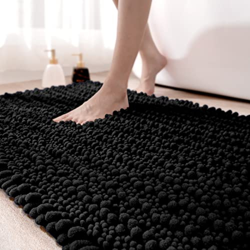 DEXI Badezimmerteppich 60 x 110 cm,Chenille Badematte rutschfest,weicher Badvorleger Maschinenwaschbar,Super absorbierend Badteppich für Badewanne,Dusche und Badezimmer, Schwarz