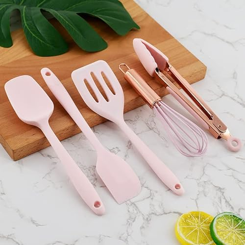 Silicone Kitchen Utensils Set, 5pcs Pink Heat Resistant Silicone Cooking Utensils Nonstick Kitchen Gadgets Cookware with Hanging Hole for Cooking Baking
