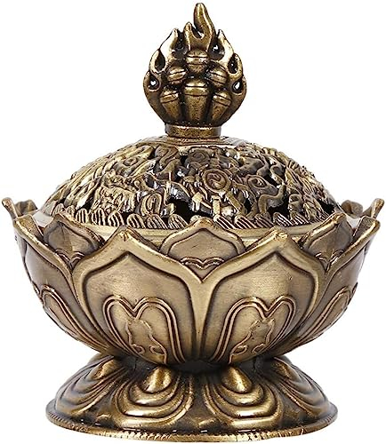 Quemador de Incienso de Loto, Incienso de Bronce Tibetano Vintage, Soporte de Cono de reflujo de Buda, Cuenco para Quemar carbón con Tapa, Soporte de aromaterapia auspicioso, decoración Interior para