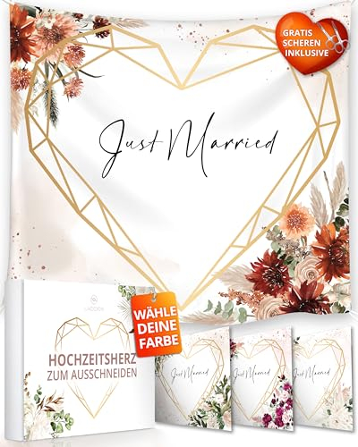 Hochzeitsherz zum Ausschneiden inkl. 2 gratis Scheren als Standesamt Überraschung oder Hochzeitsspiel für das Brautpaar - Das Hochzeitslaken entspricht dem modernen Vintage Orange Stil - 200x180cm