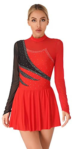 iEFiEL Damen Langarm Ballettkleid Eiskunstlauf Kleid mit Glitzer Kristallen Ballettkleidung Gymnastik Leotard Turnanzug Tanzkostüm Zf Rot XXL