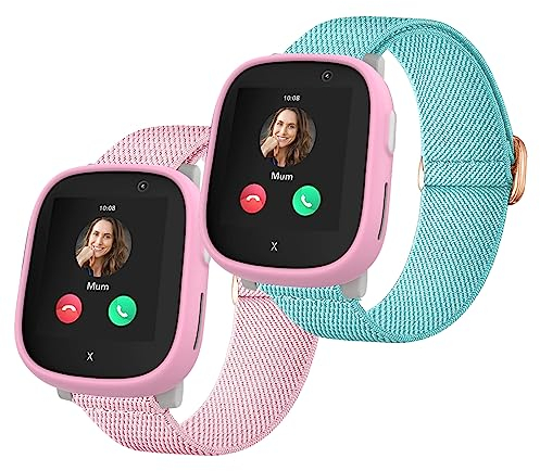 Polyjoy 2 Stück Kinder Nylon Armbänder kompatibel mit Xplora X6 Armband, Weiches, dehnbares Mädchen Jungen Ersatzbänder für Xplora X6 Play-Rosa+Wasserblau