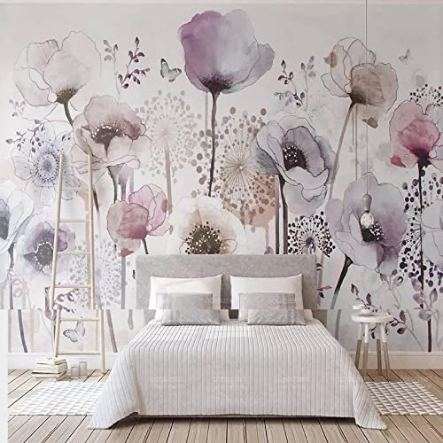 GIVLWF Fotomurali 3D Stile Moderno Dipinto A Mano Ad Acquerello, Carta da Parati Floreale Lilla, Decorazione da Muro - per Soggiorno Sala da pranzo 150 x 105 cm
