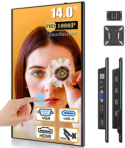 Ecran Tactile 14 Pouces, Résolution 1080P, Connectique USB C HDMI VGA, Haut-parleurs Intégrés et Pieds Réglables. Moniteur de Voyage pour Ordinateur Portable/PC/Mac/Xbox/PS4/5/Téléphone