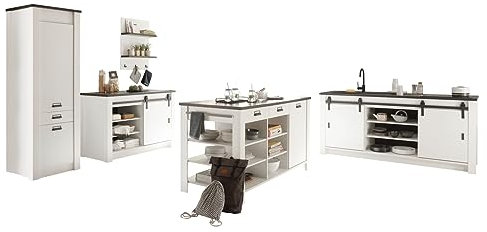Furn.Design Küche mit Kochinsel in weiß Pinie und schwarz/anthrazit industrieller Stil Küchenschrank Set 5 teilig Komplettküche vollständige Küchenzeile Stove (Set 3)