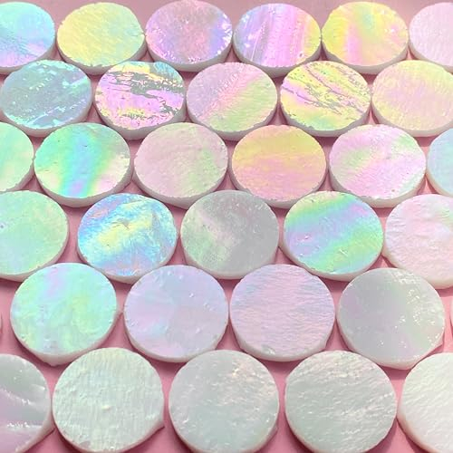 ILLUCKAI 1,9 cm runde schillernde Buntglas-Mosaikfliesen zum Basteln, 280 g, 125 Stück, Kreismosaik-Glasstücke, Mosaik-Set Zubehör für Heimdekoration (schillerndes Weiß)