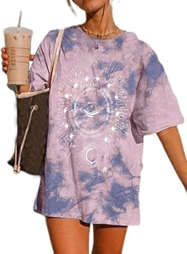 Sofia's Choice Damen Oversize Batik T Shirt Rundhals Kurzarm Top Sonne und Mond Oberteile Batikblau M