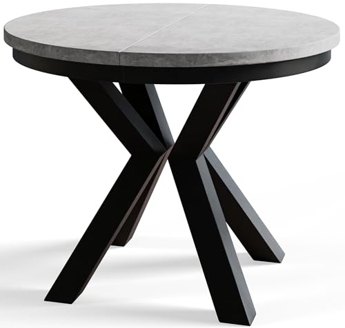 AlpiMeble Runder Esszimmertisch LOFT, ausziehbarer Tisch Durchmesser: 120 cm/200 cm, Wohnzimmertisch Farbe: Grau, mit Metallbeinen in Farbe Schwarz